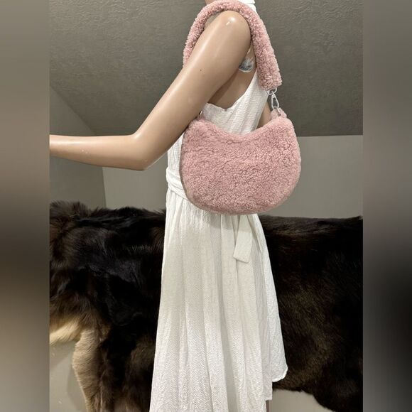 Dusty Rose Real Shearling Leather Half Moon Handbag with 2 Straps & Fur Charm - Picture 2 of 16